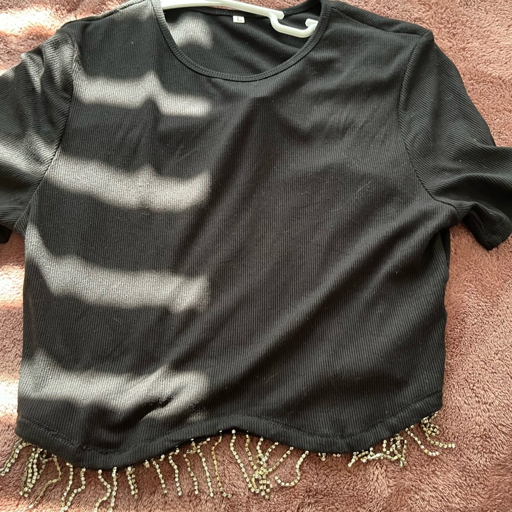 Black T shirt with dangling rhinestones